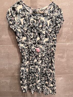 Butterfly Print Short Sleeve Dress in Cream and Black with Pink Accents